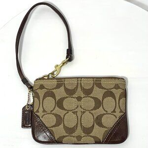 COACH Small Logo C BROWN / TAN Canvas & Leather Wristlet Gold Tone Hardware
